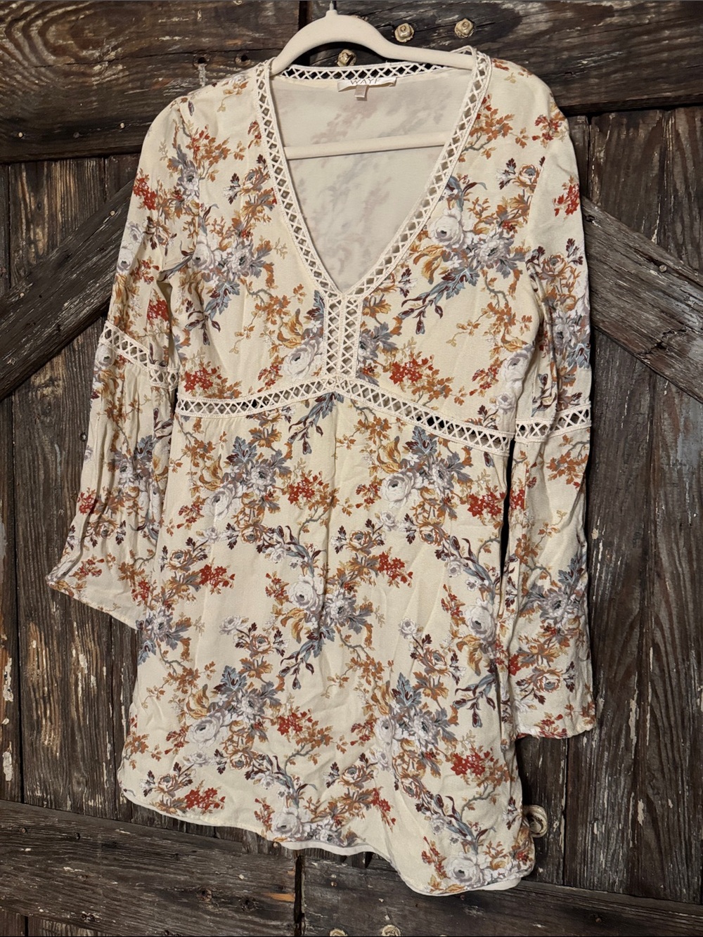 Wayf Cream Floral Mini Dress with Rust and Blue Accents and Crochet Trim